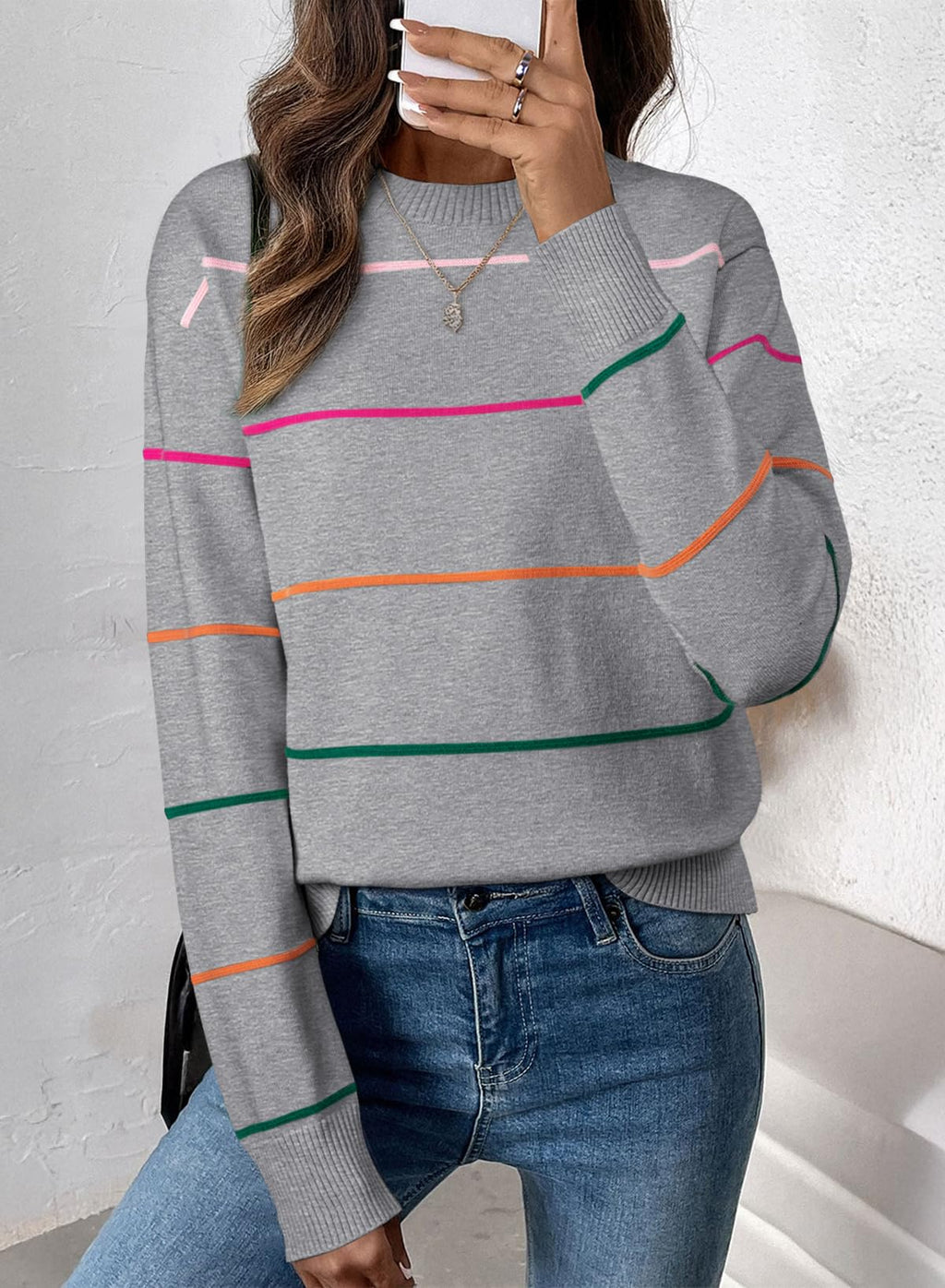 SHEWIN Womens Tops Dressy Casual Crew Neck Striped Sweater Women Lightweight Fall Tops for Women 2025 Long Sleeve Tops Womens Sweaters Grey Medium