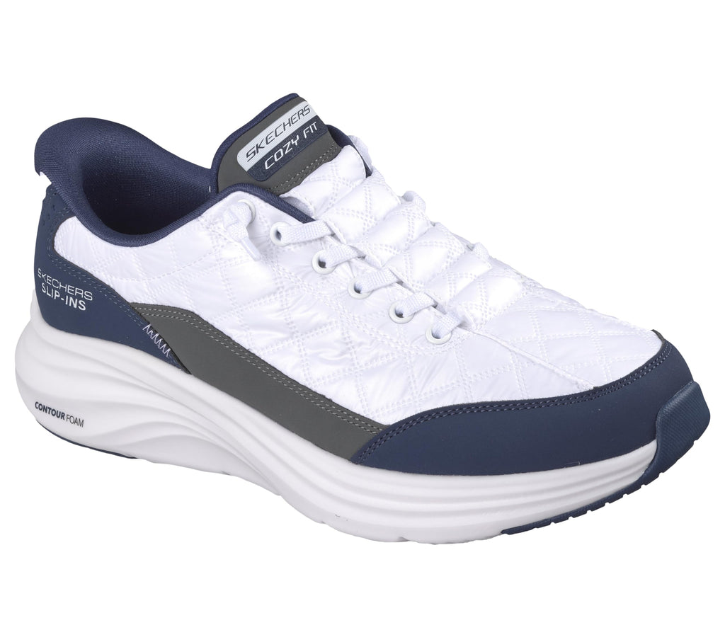 Skechers Men's Contour Foam Cozy Fit Hands Free Slip-in Sneaker,White/Navy,9 Wide