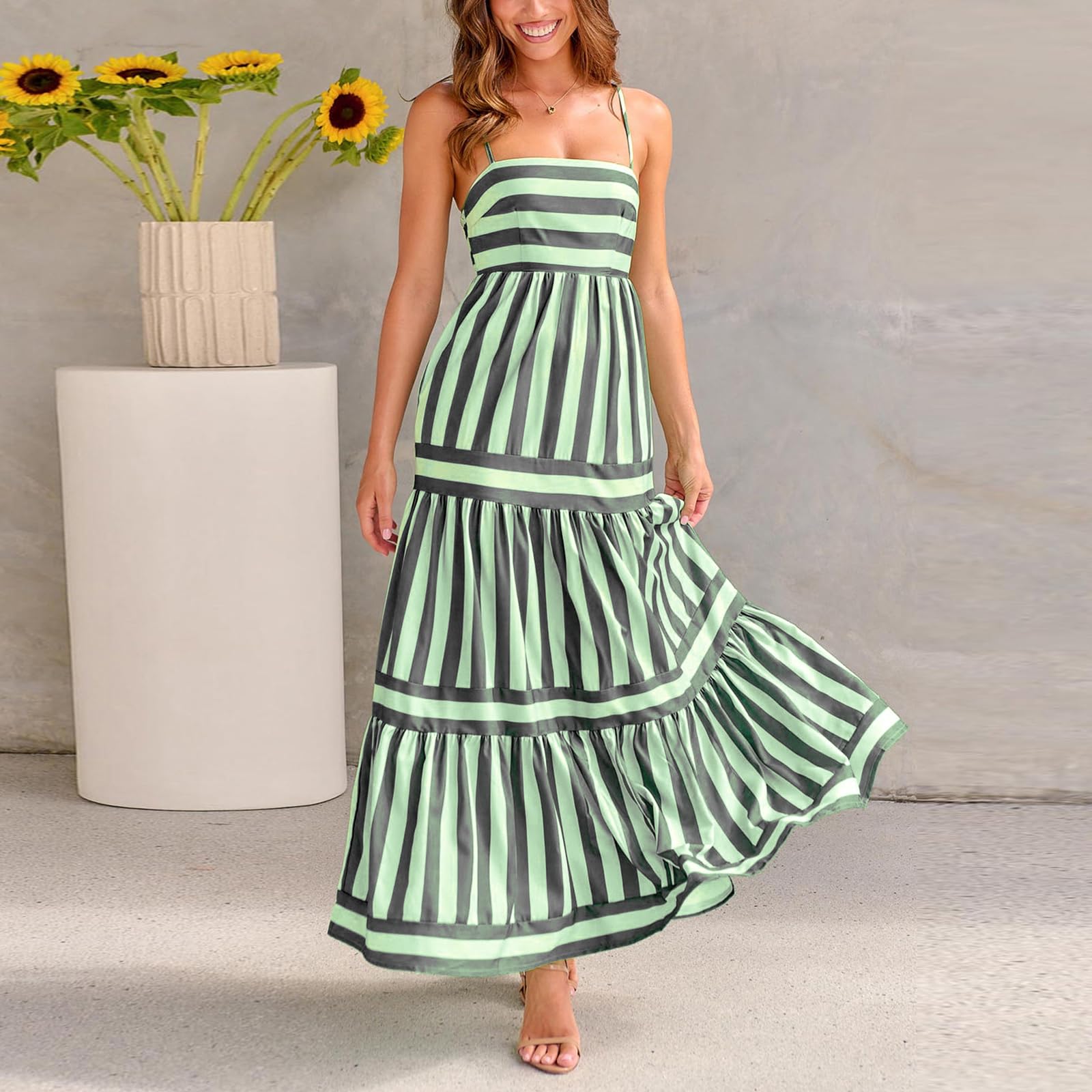 Yuemengxuan Boho Maxi Dresses for Women Spaghetti Strap Flowy Smocked Long Dress Casual Summer Vacation Beach Maxi Dress (Dark Grey #Ccgw, S)