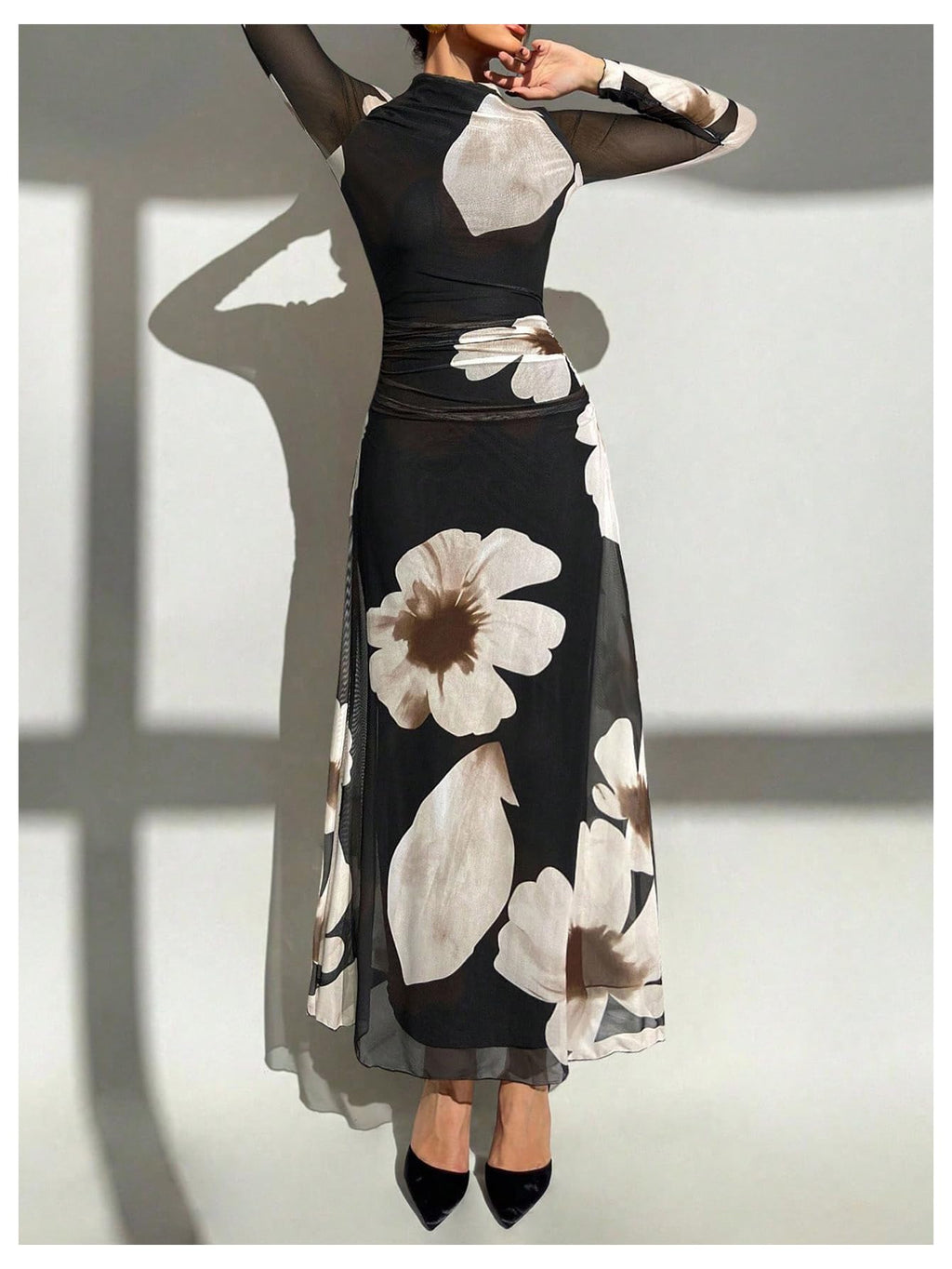 Verdusa Women's Floral Slimming Wedding Guest Dress Long Sleeve Holiday Maxi Dresses Black Khaki Large