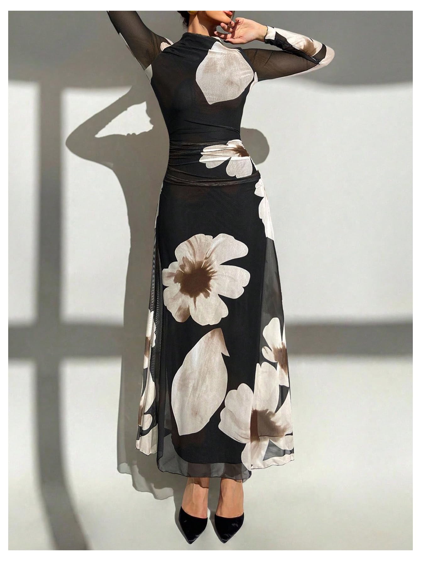 Verdusa Women's Floral Slimming Wedding Guest Dress Long Sleeve Holiday Maxi Dresses Black Khaki Large
