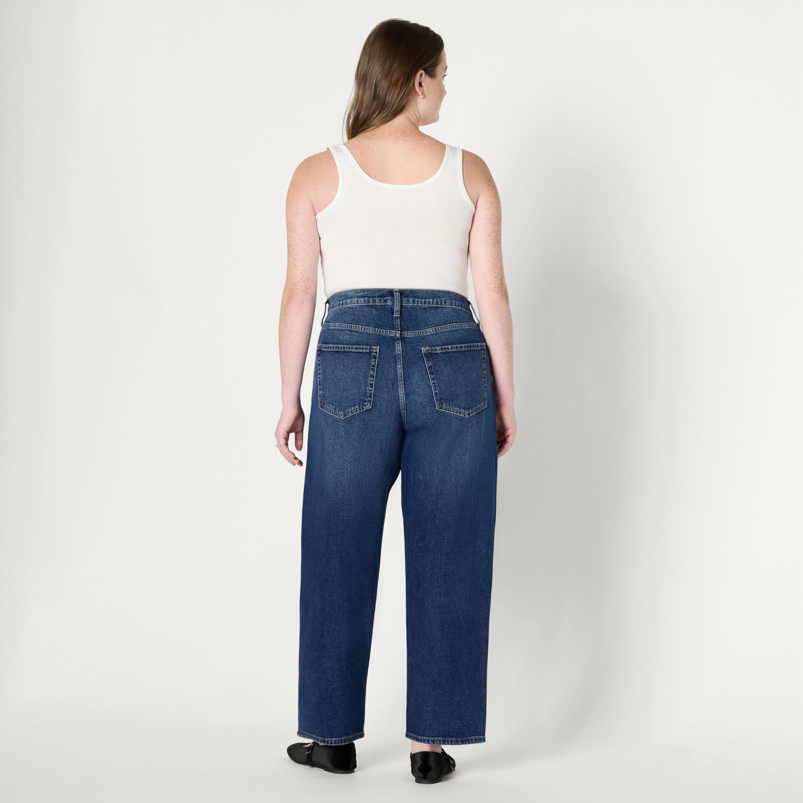 Amazon Essentials Women's Women's Low Stretch High-Rise Barrel Leg Jean, Stone Dark Wash, 10