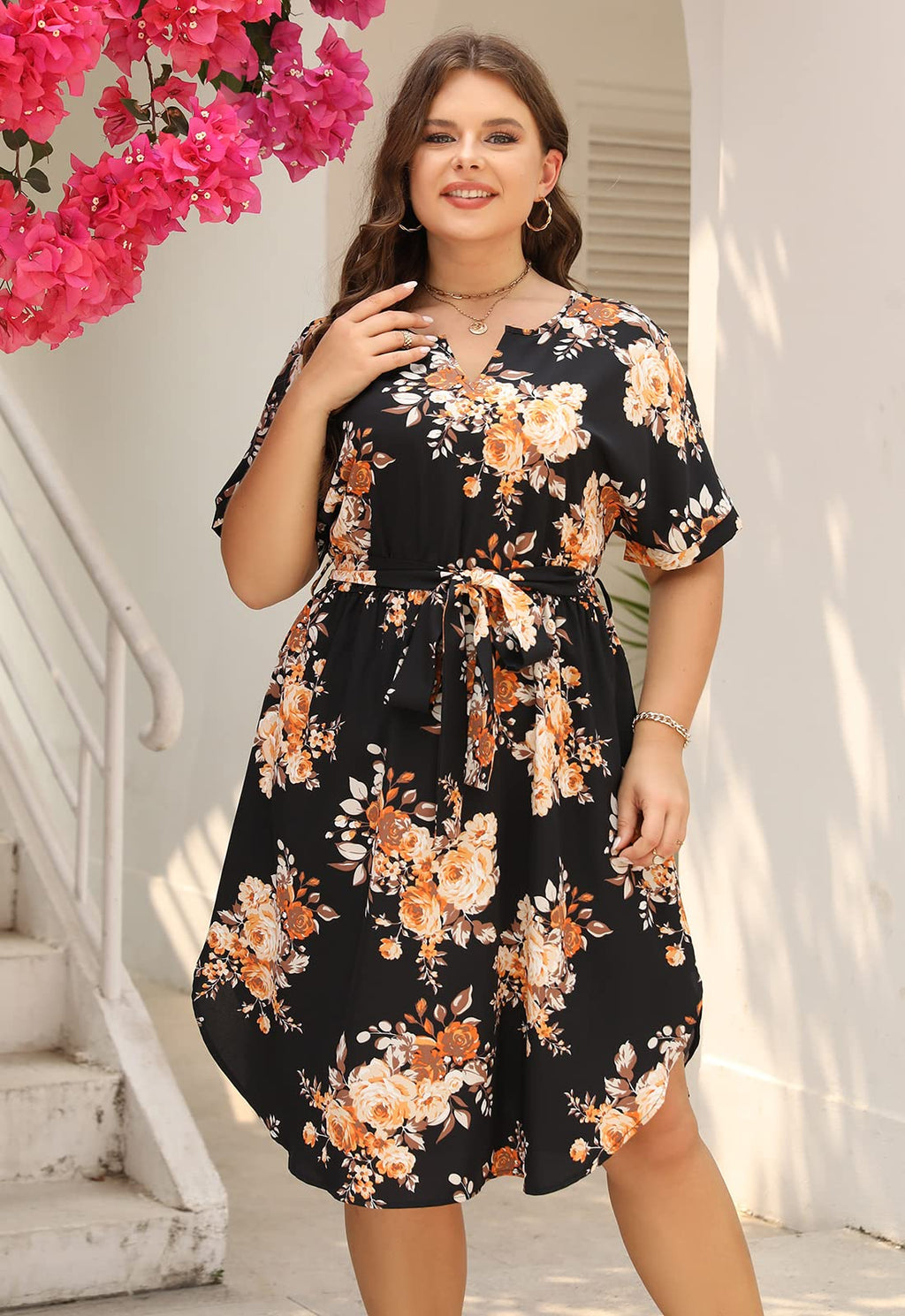 Nemidor Plus Size Casual Dresses for Curvy Women Summer Boho Floral Print Swing Midi Dress with Pockets 14-26(306,22,Black Yellow)
