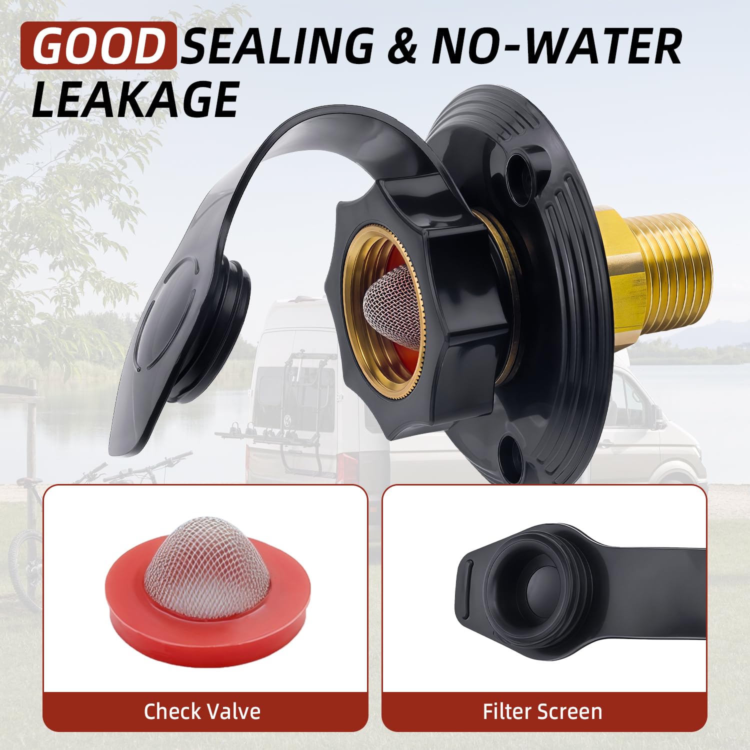 Mejiao RV City Water Inlet, 3/4" NH to 1/2" NPT Brass Water Fill Flange with Check Valve, RV Marine City Water Hookup for Camper and Trailer