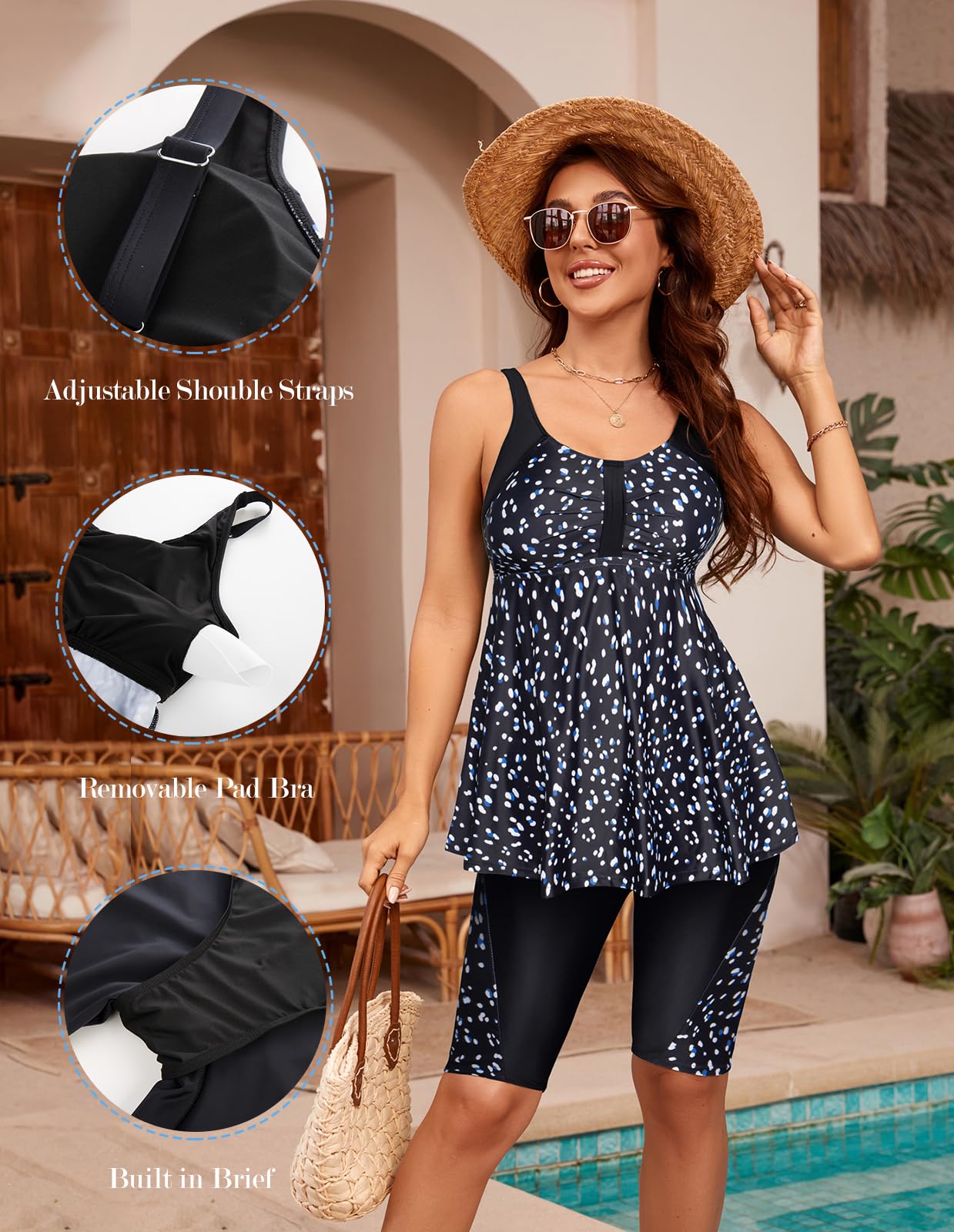 Hanna Nikole Womens Tankini Swimsuit Two Piece Tummu Control Bathing Suit Full Coverage Swimwear with Capris Shorts Blue＆White Dots XXL