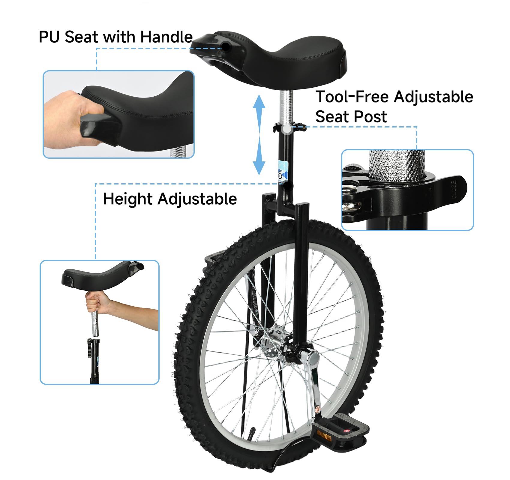 MYOYAY 20 Inch Unicycle,Unicycle for Adults,Mountain Unicycle Height Adjustable,Unicycle with Stand, Anti-Skid Pedal, Indoor Outdoor Sports Fitness Balance Training Fun Exercise Bicycle(Black)