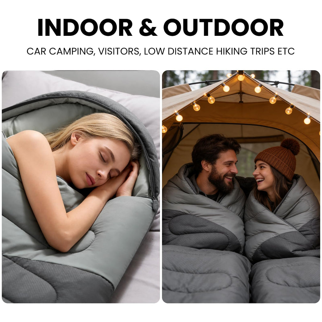 3-4 Season Sleeping Bag with Inflatable Pillow, Water-Resistant Taffeta, Windproof, Breathable Foot Zippers, Soft Brushed Inner, Foldable for Camping, Travel, Hiking & Home Use(Dark Grey)