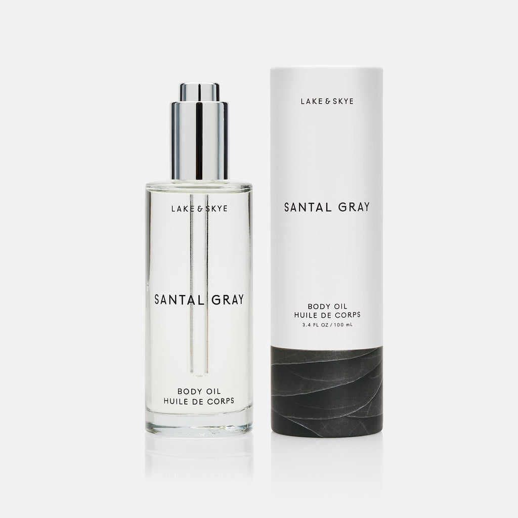 Lake & Skye Santal Gray Body Oil, 3.4 fl oz (100 ml), Hydrating with Vitamin E & Sweet Almond Oil - Woody Scent