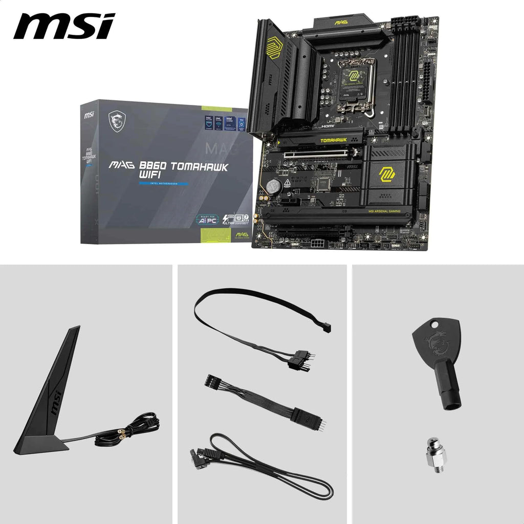 MSI MAG B860 Tomahawk WiFi Motherboard, ATX - Supports Intel Core Ultra Processors (Series 2), LGA 1851 - DDR5 Memory Boost 9200+ MT/s OC, 1 x PCIe 5.0 x16, 1 x M.2 Gen5, 5G LAN, Wi-Fi 7