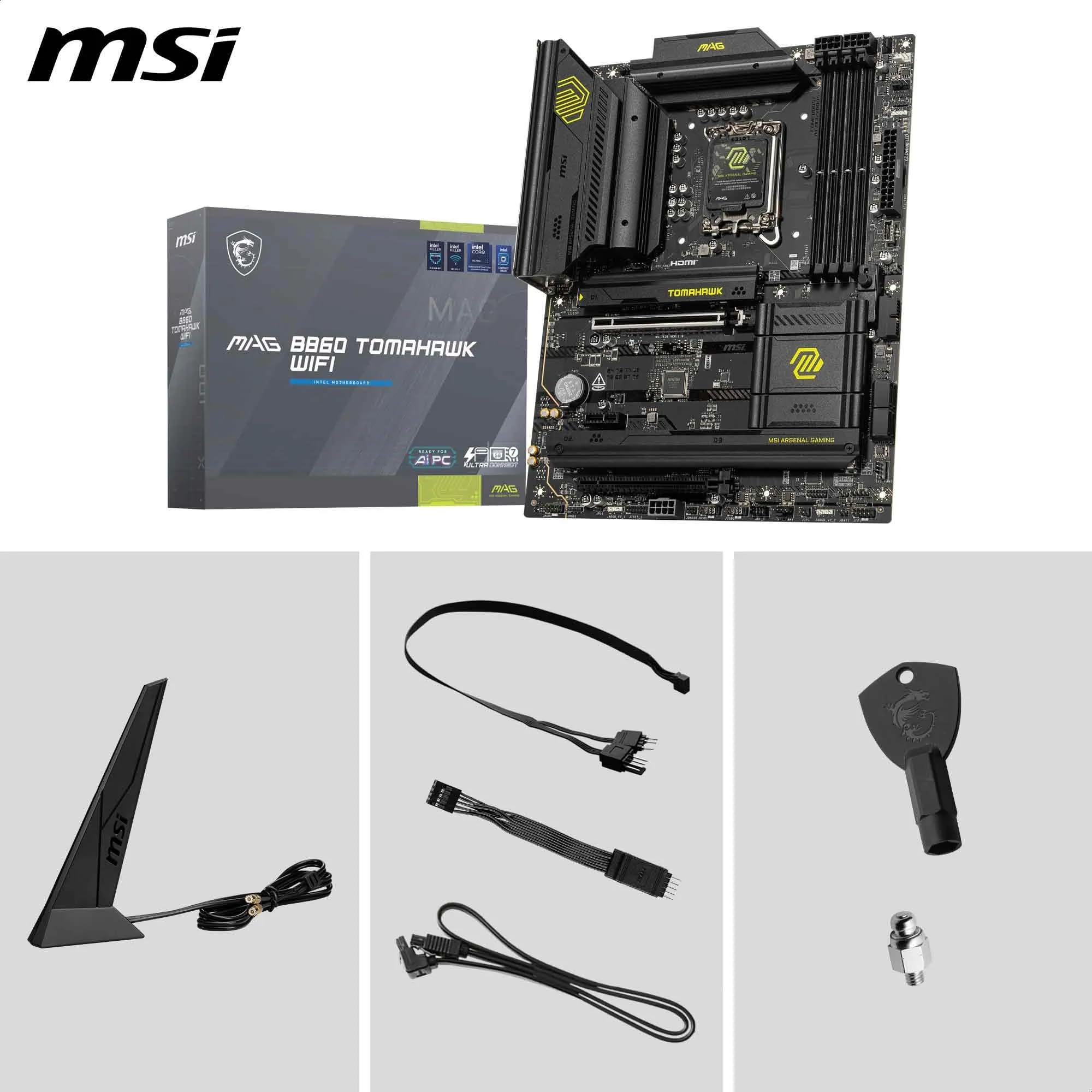 MSI MAG B860 Tomahawk WiFi Motherboard, ATX - Supports Intel Core Ultra Processors (Series 2), LGA 1851 - DDR5 Memory Boost 9200+ MT/s OC, 1 x PCIe 5.0 x16, 1 x M.2 Gen5, 5G LAN, Wi-Fi 7
