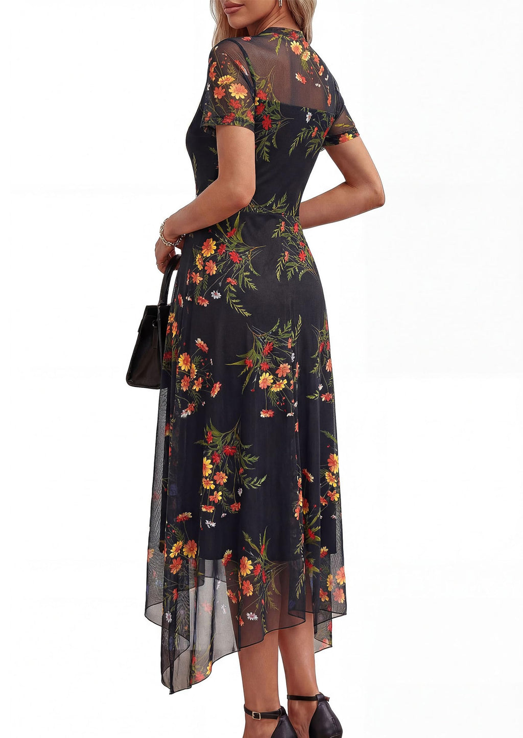 PRETTYGARDEN Cocktail Dresses for Women 2026 Summer Short Sleeve Floral Mesh Sheer Midi Party Wedding Guest Dress (Floral Black Yellow,Medium)