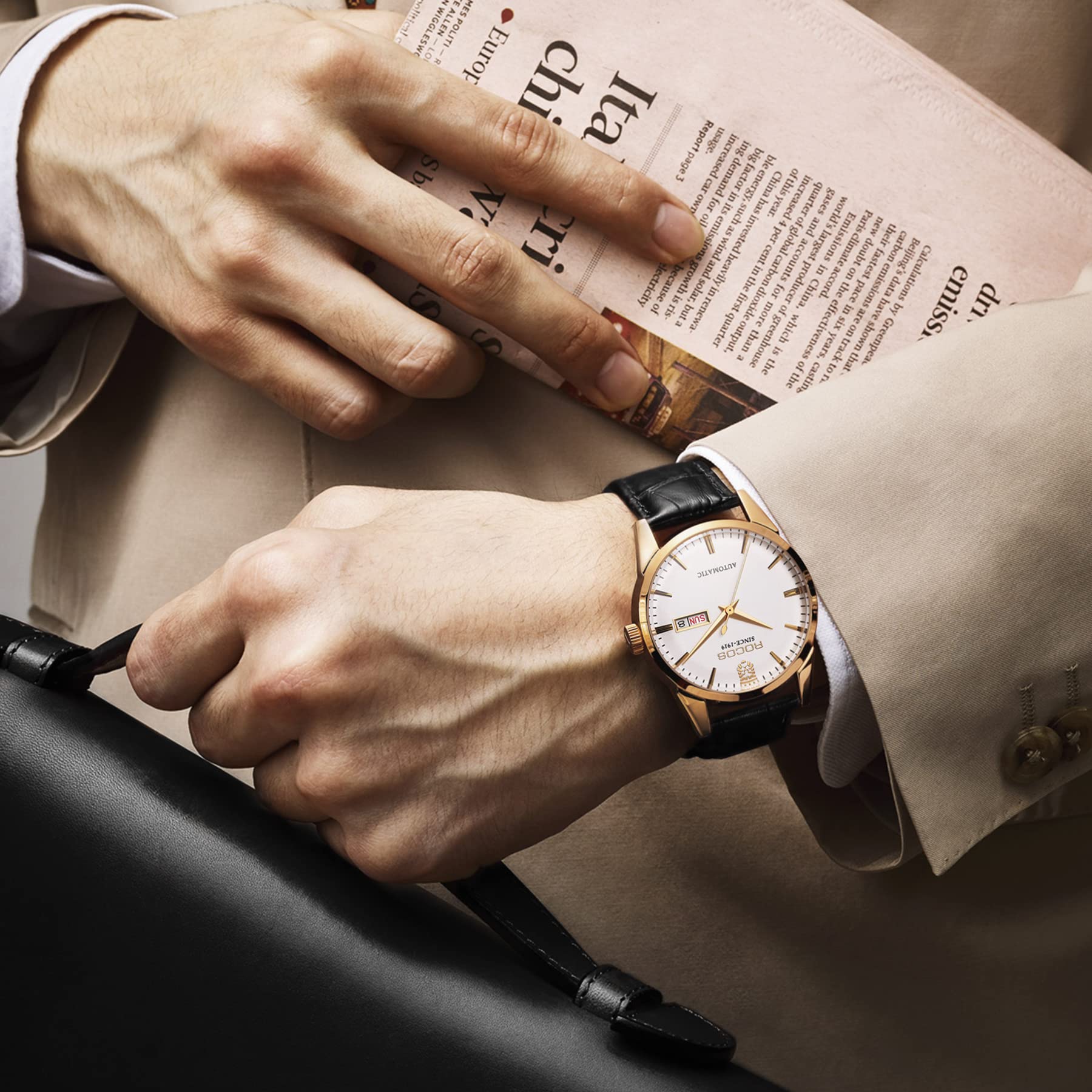 ROCOSJEWE R0101 Men's Automatic Mechanical Watch Golden Luxury Watch for Men Classic Retro Wristwatch Day Date Black Leather Strap Dress Watches Waterproof Gift for Men Fashion Business
