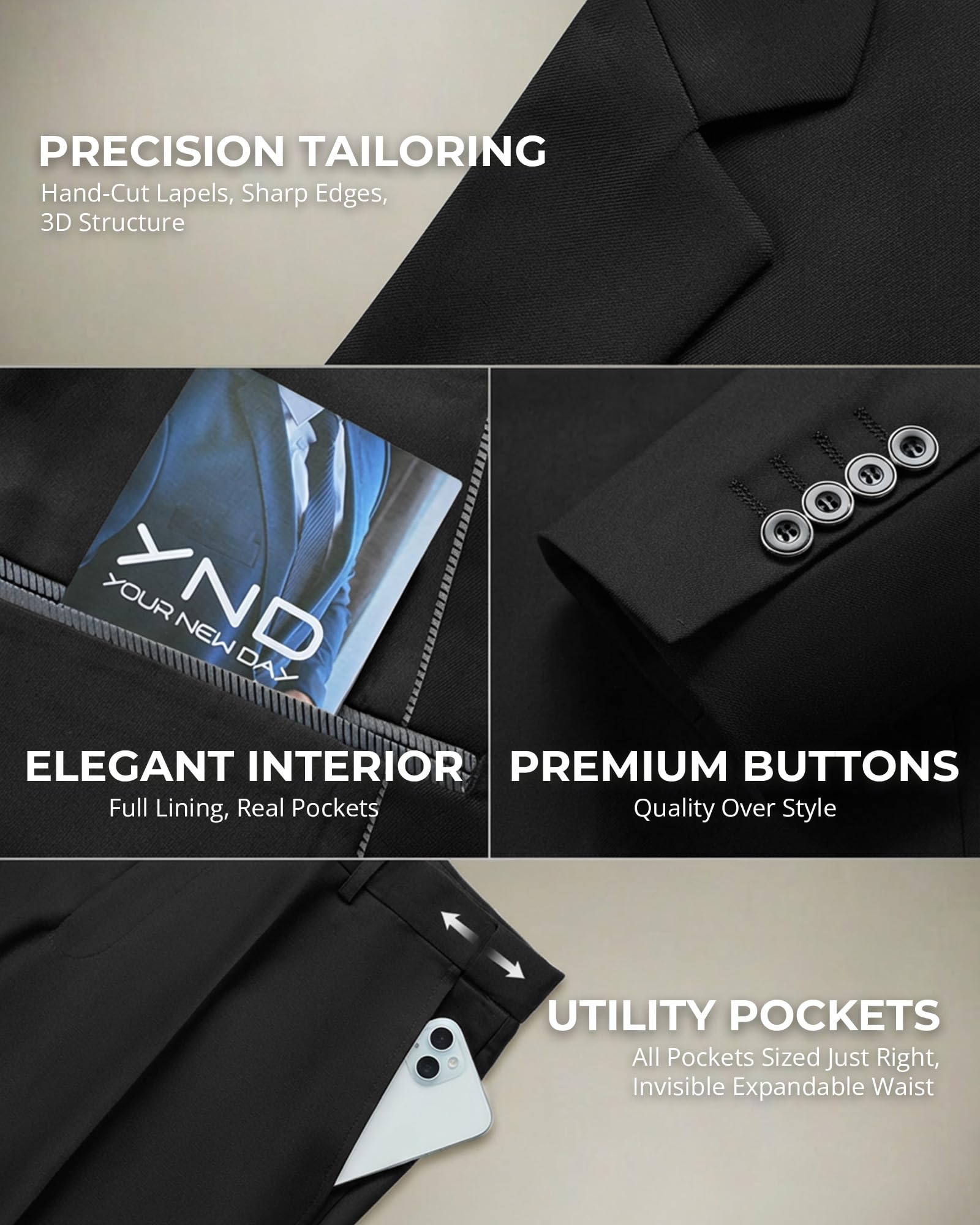 YND Men's 2 Piece Suit with Tie, One Button Slim Fit Solid Jacket and Pants Set, Suits for Men Prom Party Wedding & Business, Black