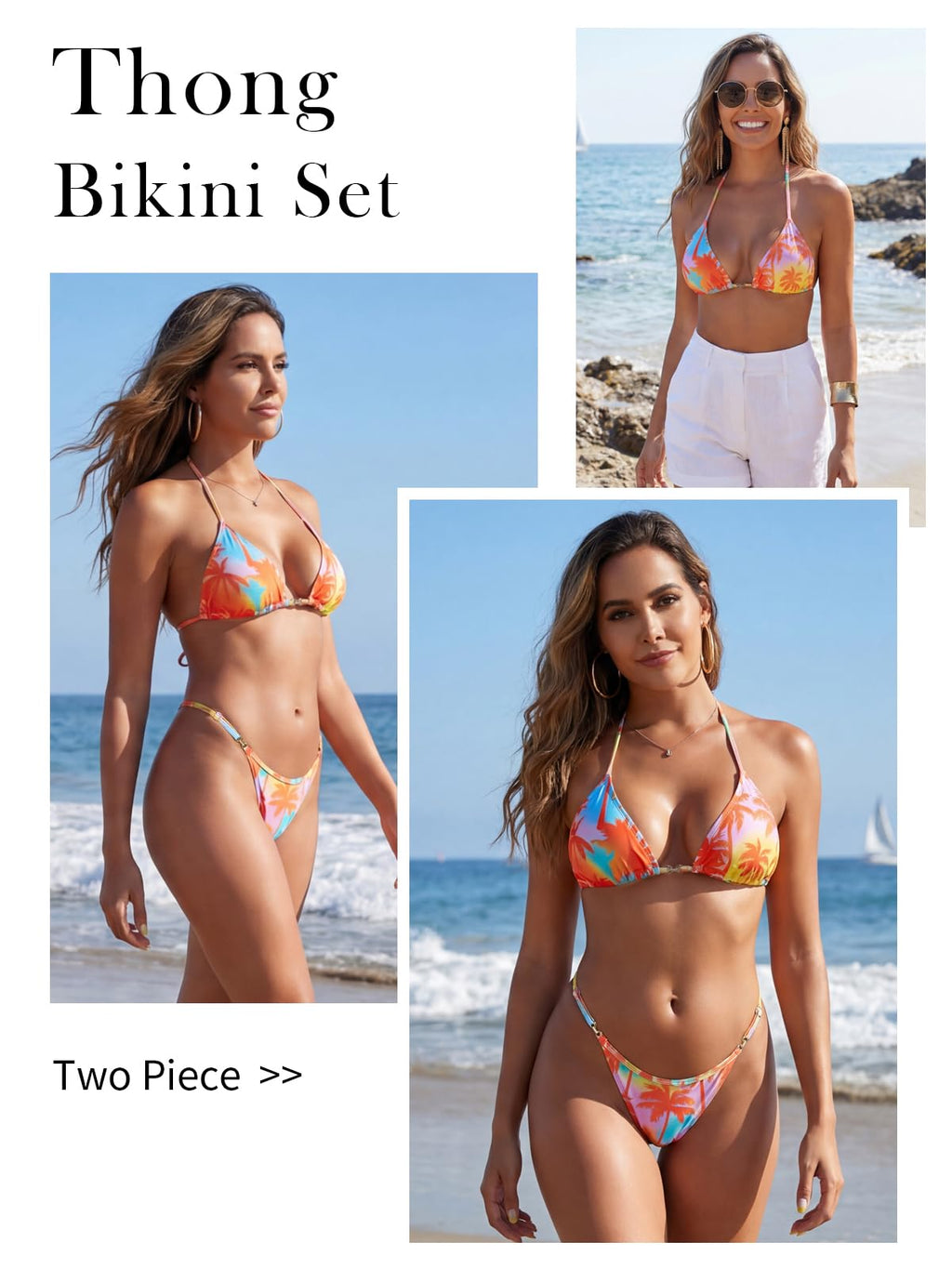 RELLECIGA Women's Thong Bikini Set Triangle Halter Sexy Brazilian Two Piece Swimsuit(Orange Coconut Tree,Large