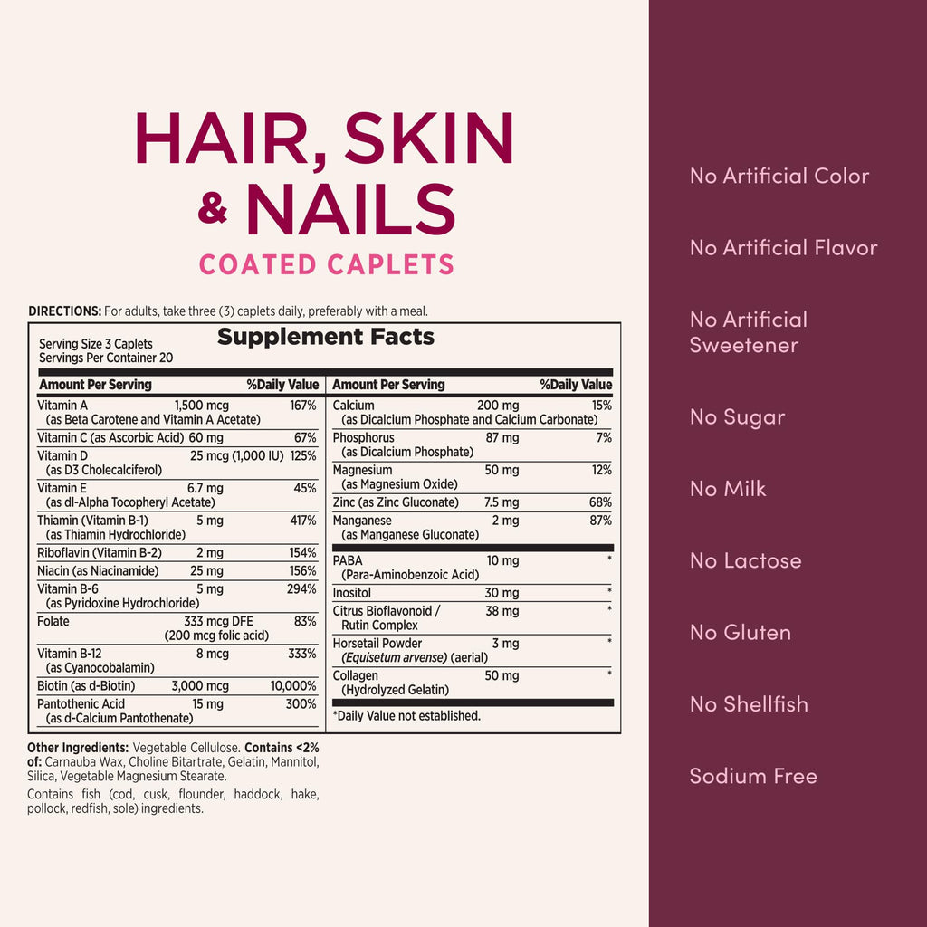 Nature's Bounty Optimal Solutions Hair, Skin & Nails Formula, with 3,000 mcg Biotin, 60 Coated Caplets, 20 Total Servings