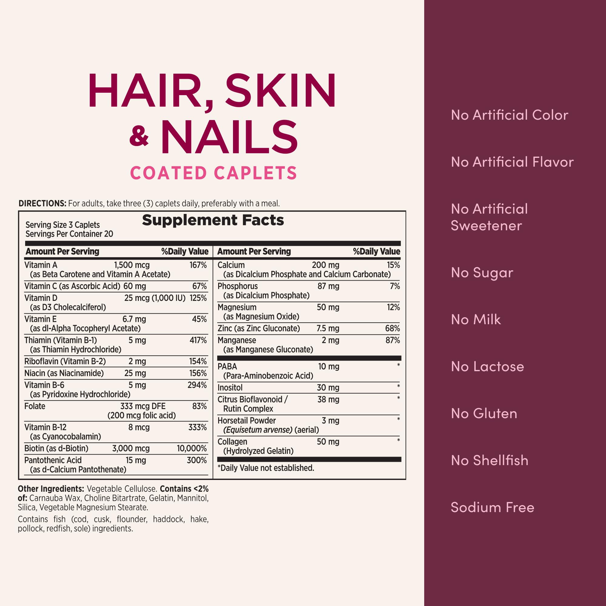 Nature's Bounty Optimal Solutions Hair, Skin & Nails Formula, with 3,000 mcg Biotin, 60 Coated Caplets, 20 Total Servings