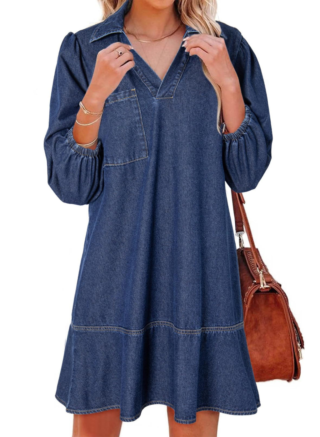 Dokotoo Dresses for Women Casual Spring Summer 3/4 Sleeve Babydoll Denim Dress Womens Ladies Cute Collar Neck Puff Sleeve Fashion Mini Jean Dresses Sail Blue Large