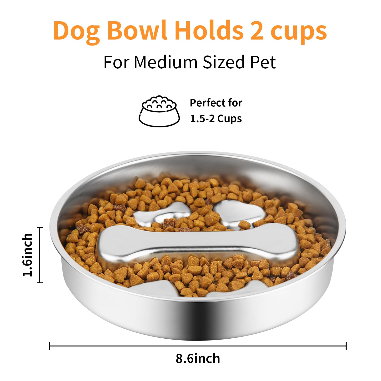Novery Slow Feeder Dog Bowl - 2 Cups Stainless Steel Dog Slow Feeder Food Bowl, Metal Non-Slip Lick Plate,Puppy or Cat Food Holder,Pet Supplies,Puzzle Maze Dish for Medium Sized Breeds