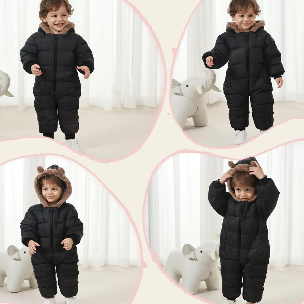 AiWMGL Baby Boys Girls Snowsuit 2T 3T Cute Toddler Infant Winter Clothes Suit Hooded Jumpsuit Romper Bear Outfit Infant Warm Coat Outwear Overcoat Black