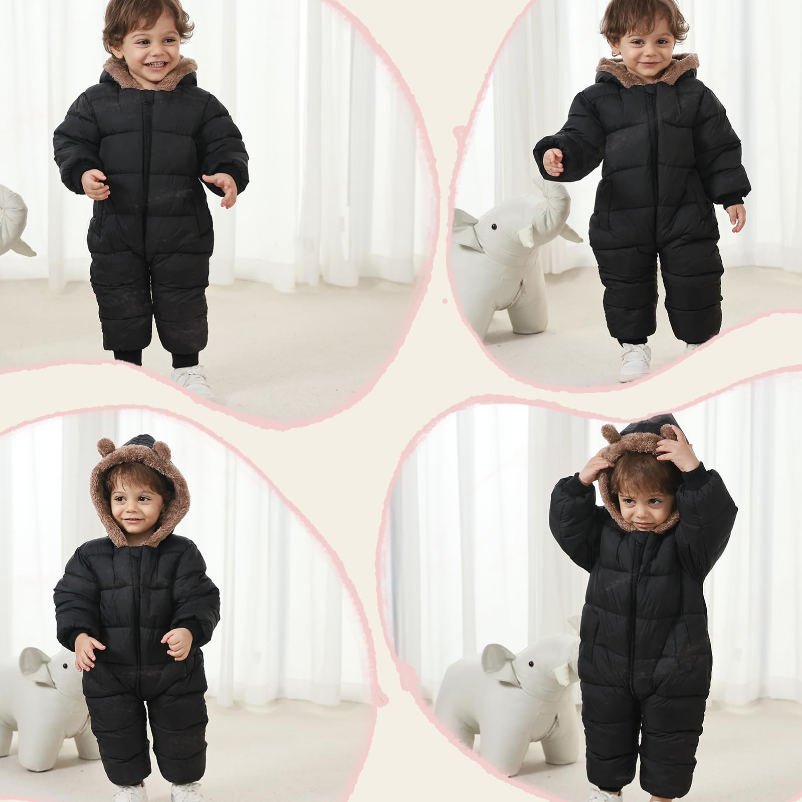 AiWMGL Baby Boys Girls Snowsuit 2T 3T Cute Toddler Infant Winter Clothes Suit Hooded Jumpsuit Romper Bear Outfit Infant Warm Coat Outwear Overcoat Black