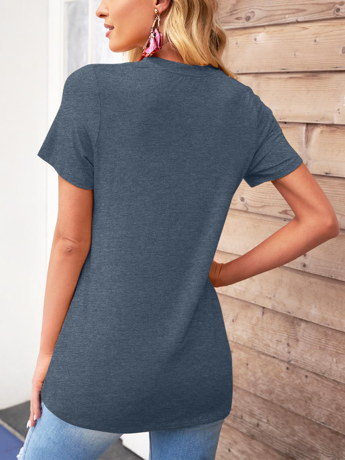 TAKEYAL Graphic Tees for Women Map Count Tree Print Short Sleeve T Shirts Summer Casual Tee Beach Vacation Top (Blue Gray, M)