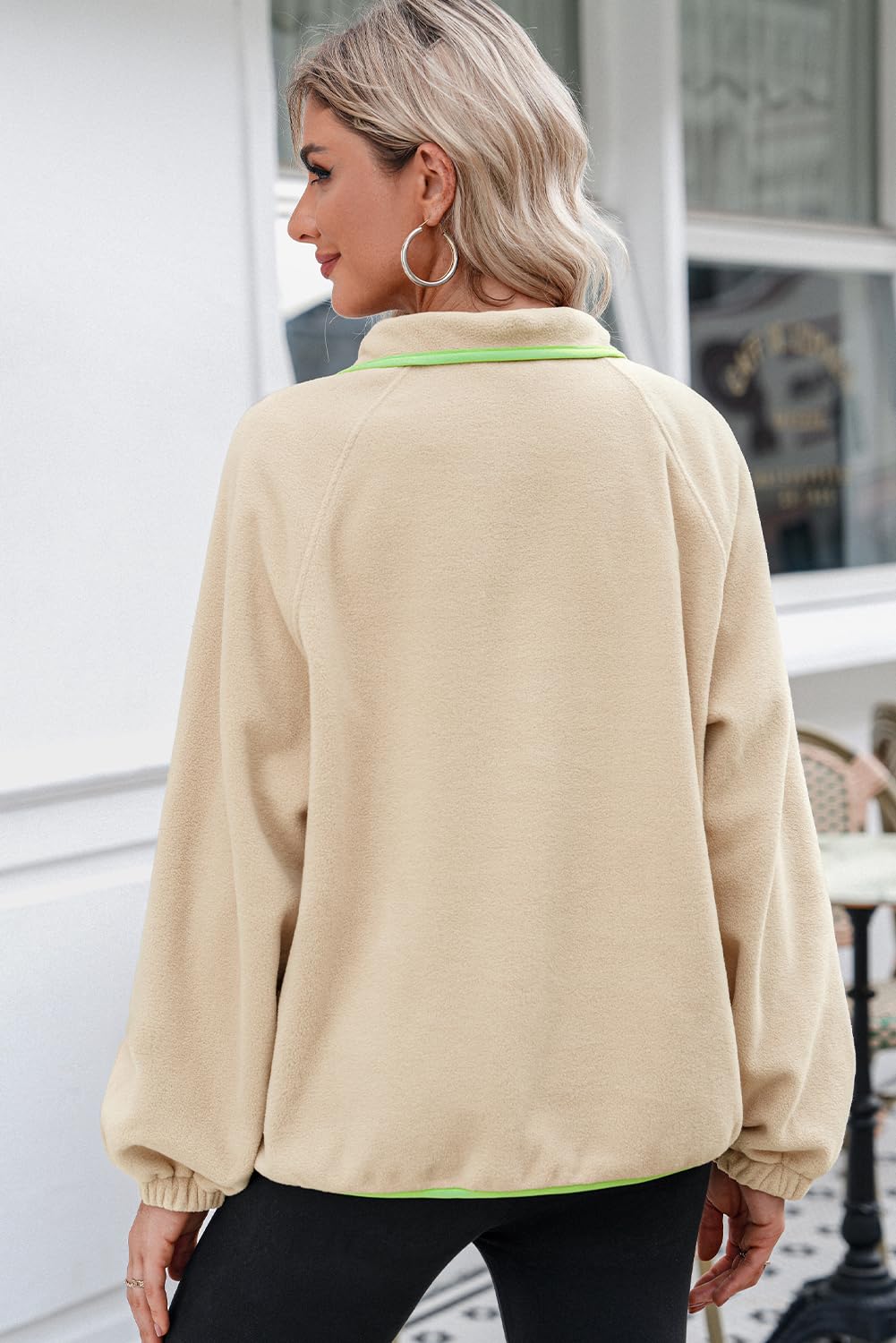 Dokotoo Womens Early Fall Fashion 2025 Fuzzy Fleece Color Block Sweatshirt Quarter Button V Neck Long Sleeve Loose Casual Cute Side Pockets Soft Pullover Sweatshirts Tops Outwear Coat Khaki Large
