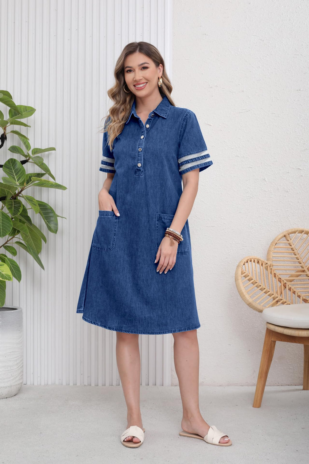 utcoco Denim Dress for Women 2025 Casual Tulle Short Sleeve Button Jean Midi Dress with Pockets (Large, Dark Blue)