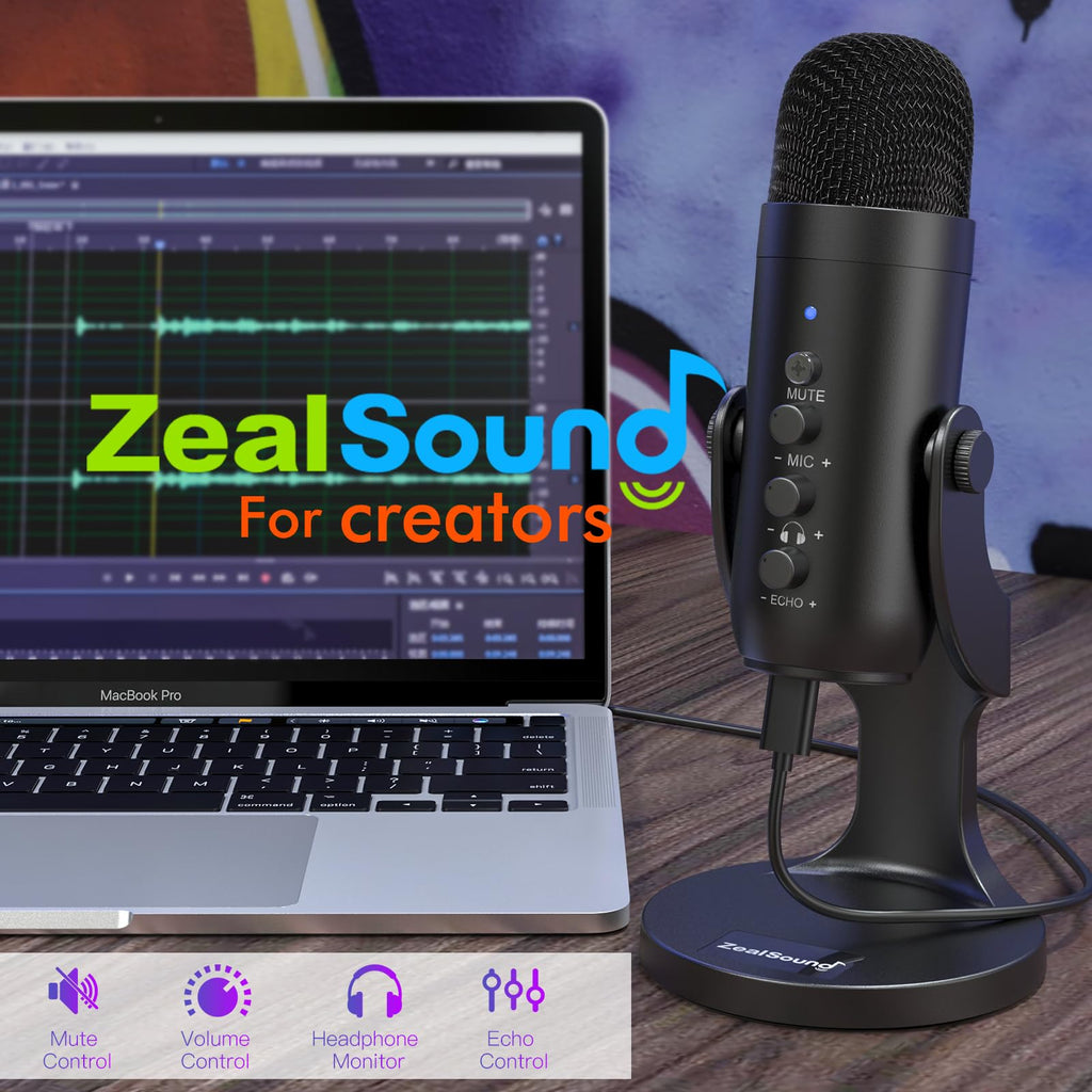 ZealSound Podcast Microphone for PC, Noise Cancellation USB Mic with Gain, Volume Adjustment & Mute Button, Monitoring & Echo, for YouTube, TikTok, Podcasting, Streaming, iPhone, iPad, Android, Mac