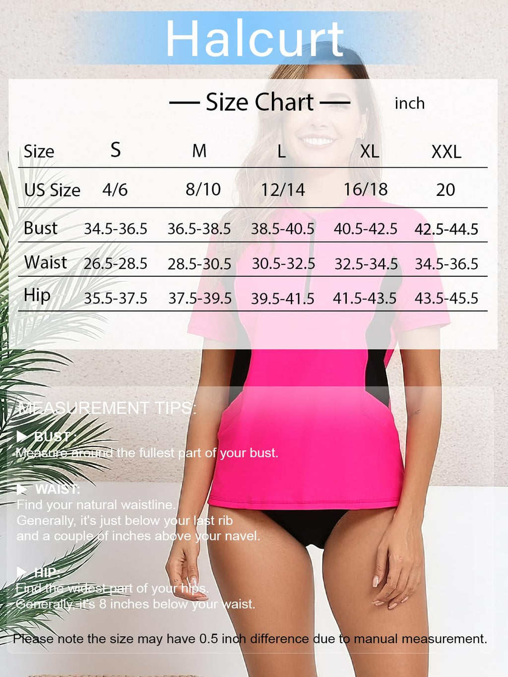 Halcurt Women's Half Zip Short Sleeve Rash Guard Top with Bra Side Pockets Swim Shirts UPF50+ Swimsuit Hot Pink Black S