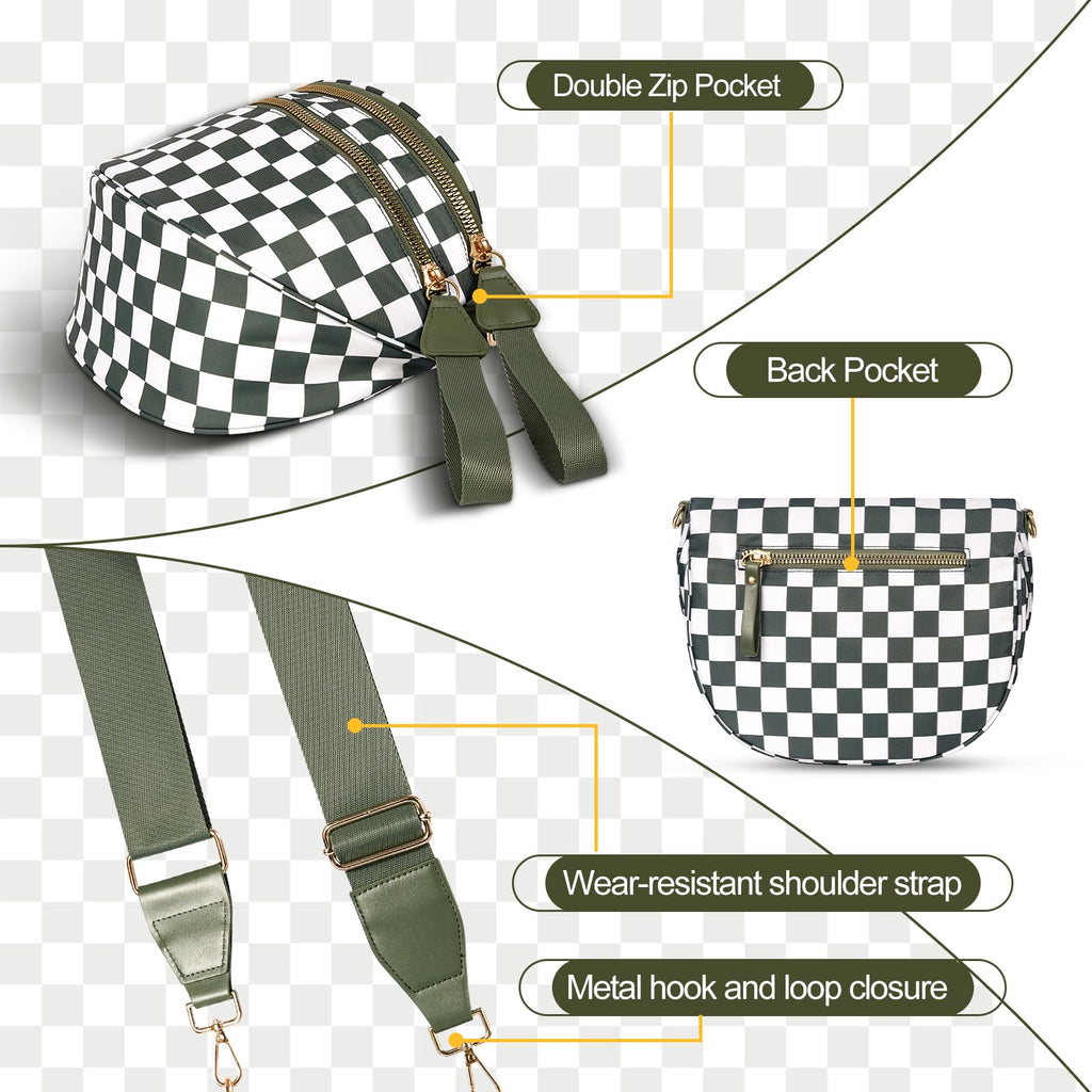 idoltimes Checkered Crossbody Bag,Nylon Bum Bags for Women Crossbody,Spacious Sling Bag Purse Fanny Packs with Shoulder Strap