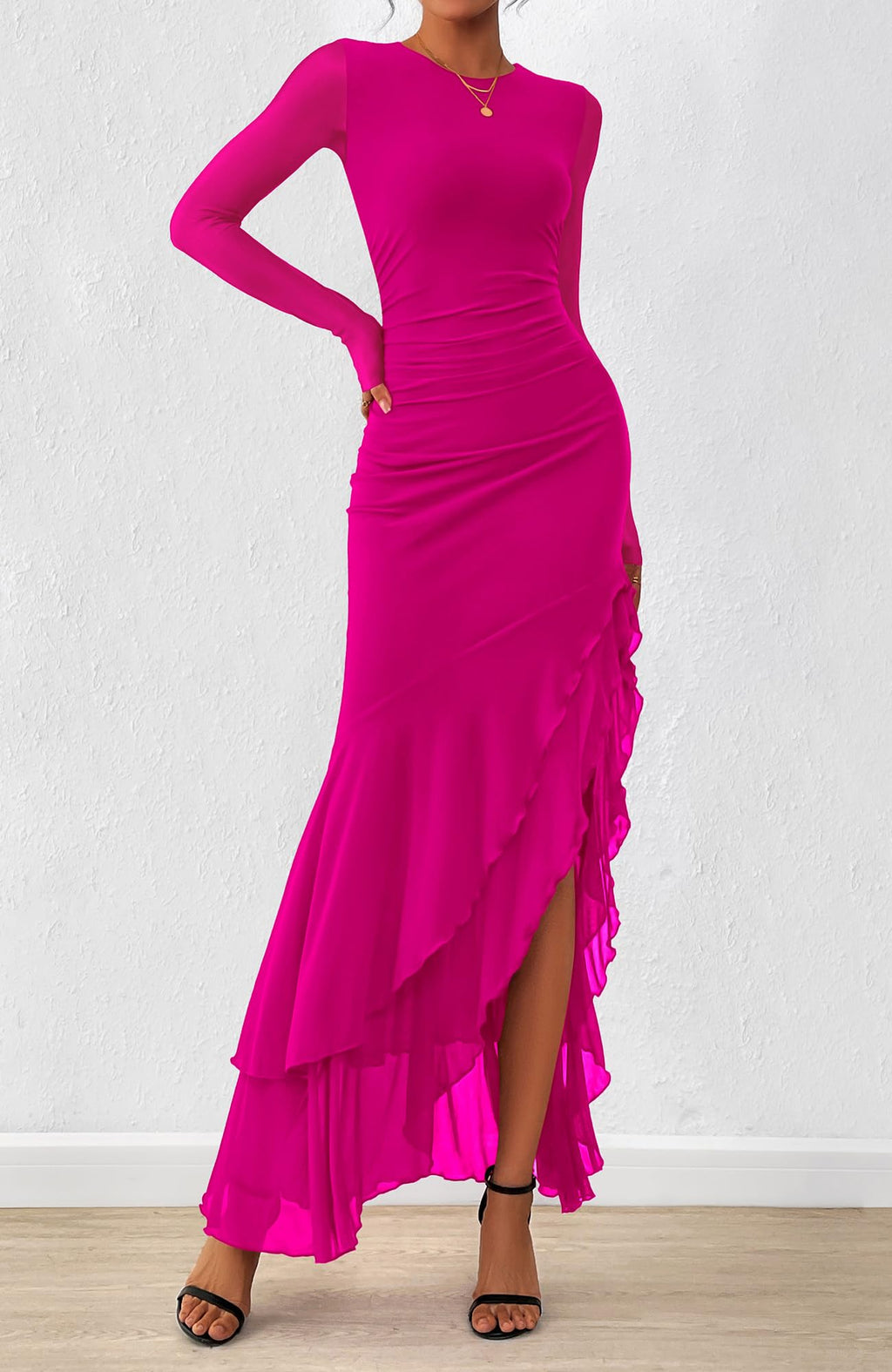 BTFBM Women's Maxi Dresses Fall 2025 Long Sleeve Ruched Bodycon Solid Ruffle Mermaid Cocktail Wedding Guest Dress(Rose Red,Small)