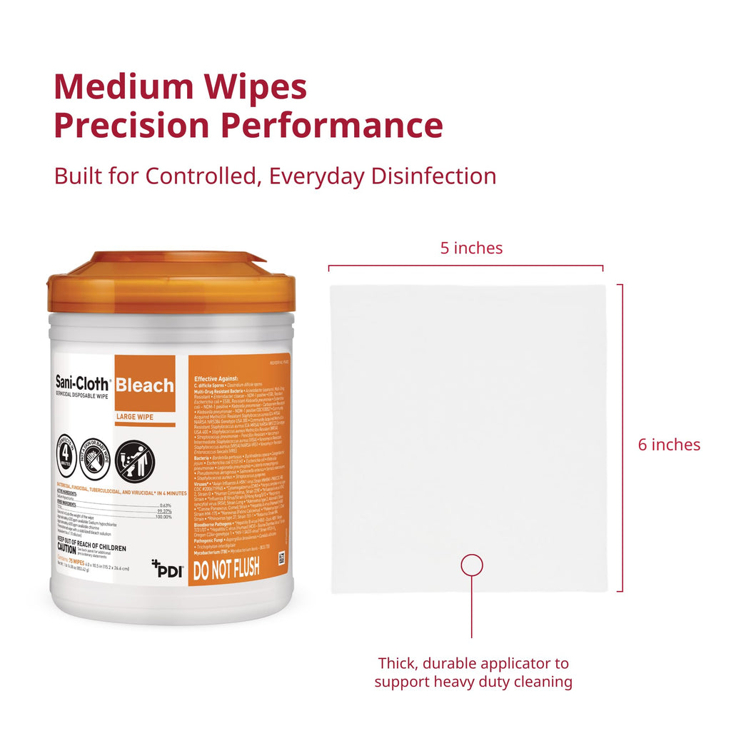 PDI Sani-Cloth Bleach Disinfecting and Cleaning, 160 Count Canister, Medium 6" x 5" Wipes, Hospital-Grade Bleach for Healthcare, Vet, and C. Diff Households