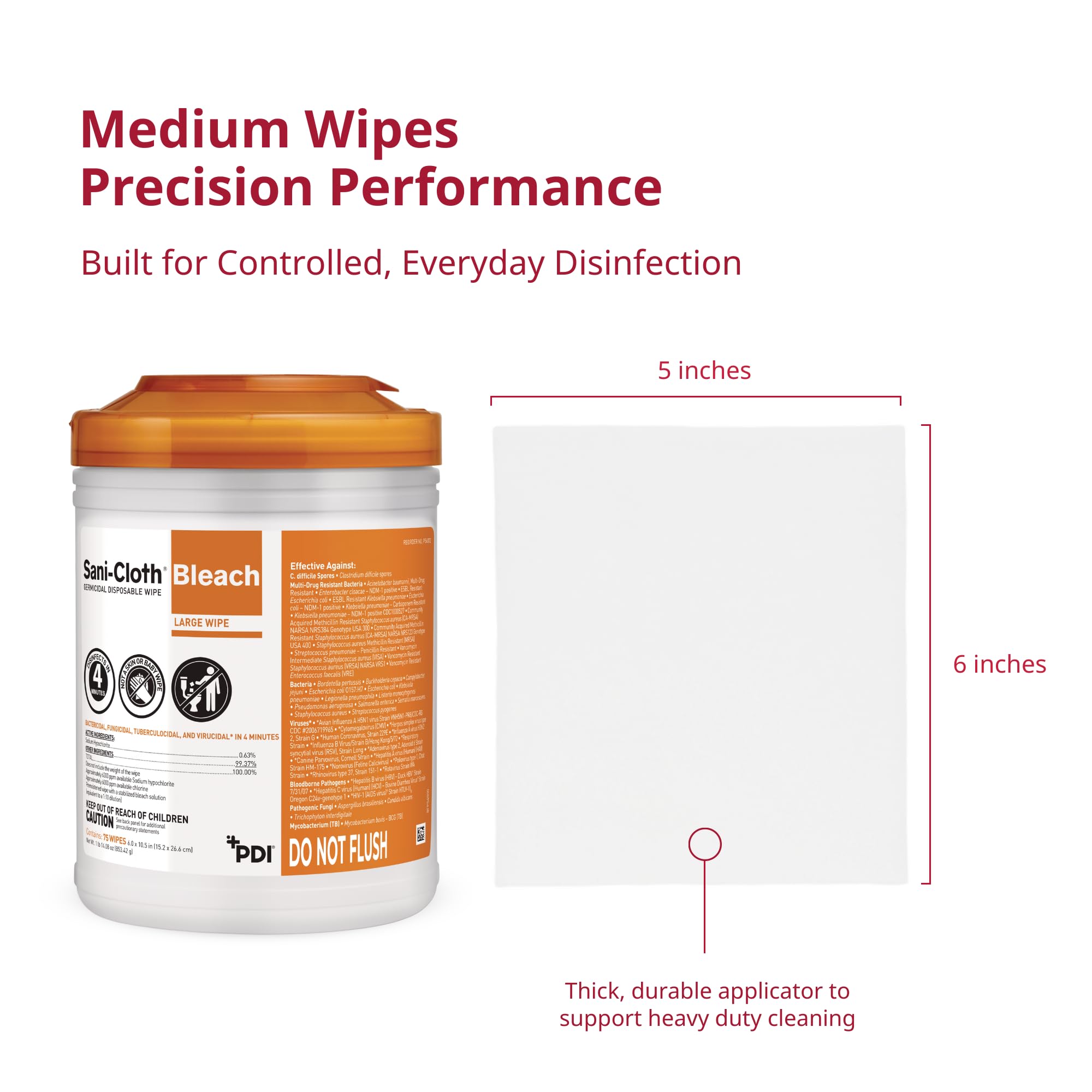 PDI Sani-Cloth Bleach Disinfecting and Cleaning, 160 Count Canister, Medium 6" x 5" Wipes, Hospital-Grade Bleach for Healthcare, Vet, and C. Diff Households