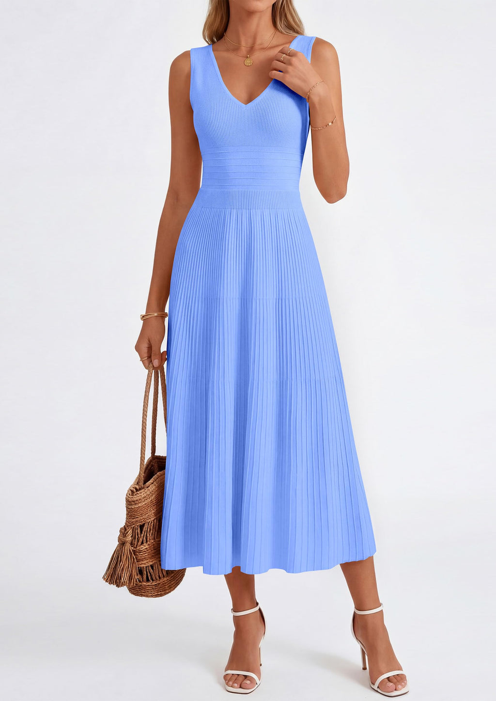 PRETTYGARDEN Summer Dresses for Women 2026 Spring Casual Sleeveless V Neck Pleated Midi Work Cocktail Wedding Guest Dress(Light Blue,X-Large)