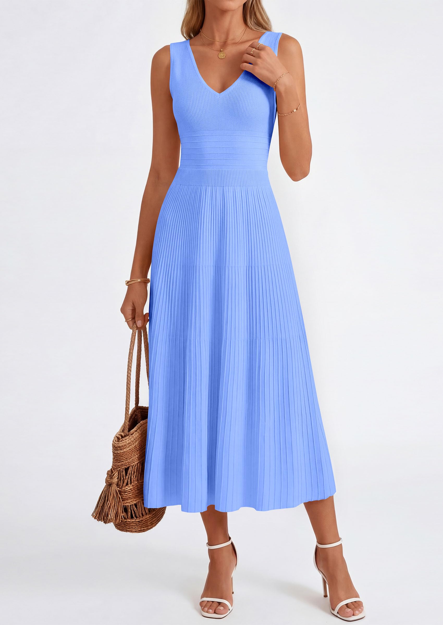 PRETTYGARDEN Summer Dresses for Women 2026 Spring Casual Sleeveless V Neck Pleated Midi Work Cocktail Wedding Guest Dress(Light Blue,X-Large)