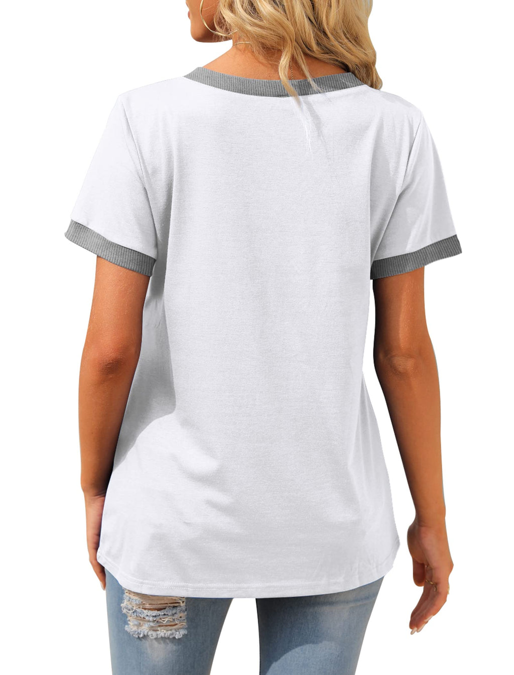 Summer Tops for Women 2026 Trendy Short Sleeve V Neck T Shirts with Pocket Tees White L