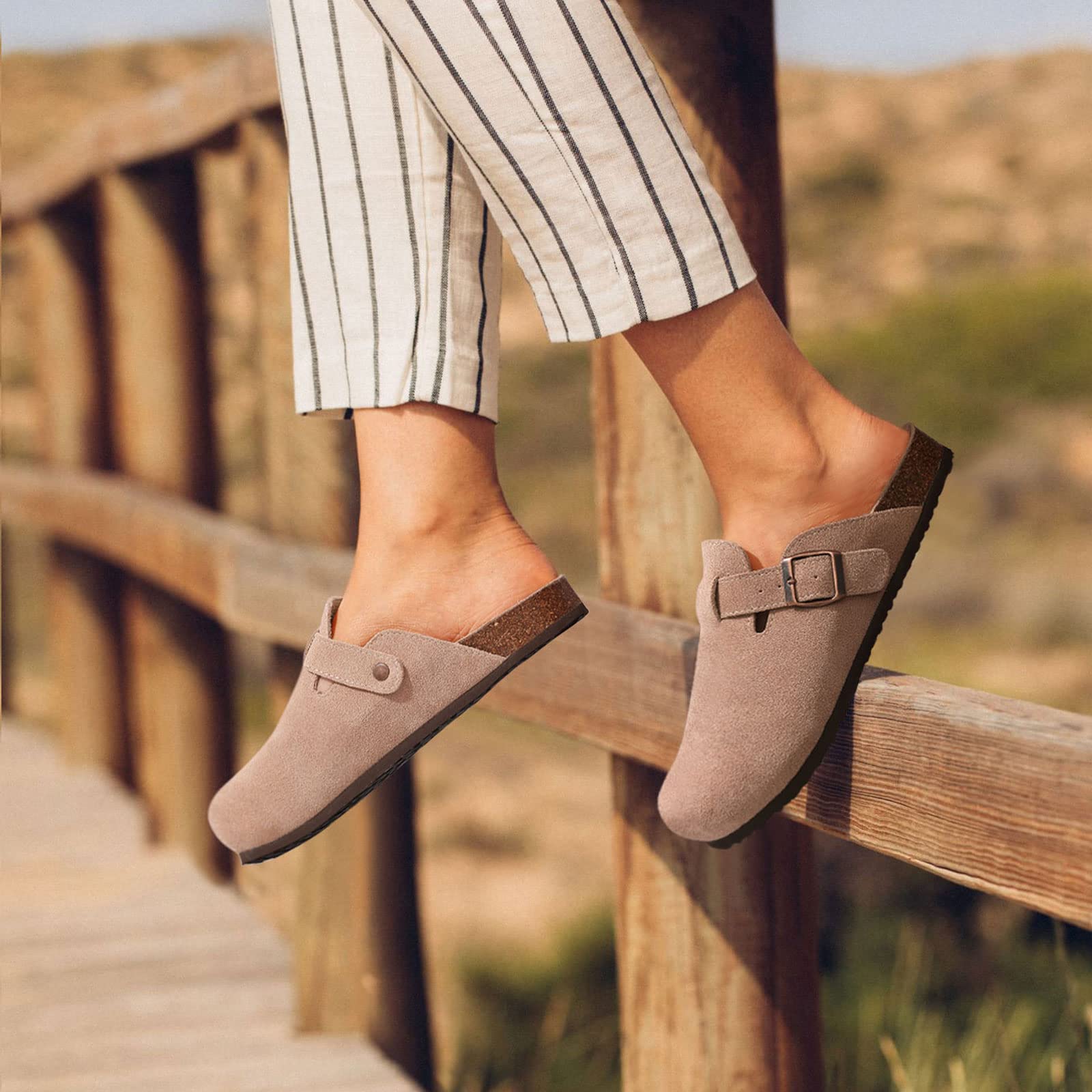 KIDMI Genuine Suede Clogs for Women Cork Footbed Sandals Leather Mules Potato Shoes with Arch Support Taupe 41 (Size 9-9.5)
