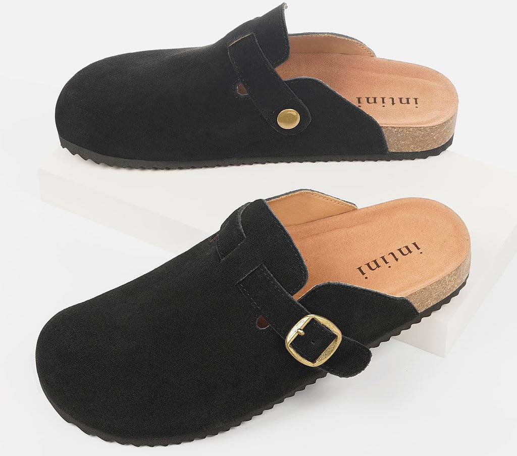 Genuine Suede Leather Clogs for Womens Mens Slip on Mules Antislip Cork Sandals with Arch Support Black
