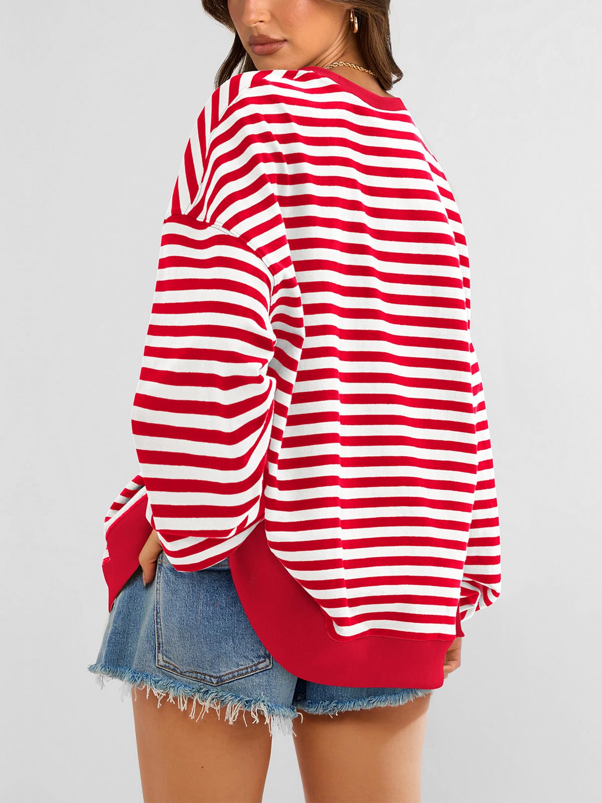 PRETTYGARDEN Women Striped Oversized Sweatshirt Color Block Crew Neck Long Sleeve Casual Pullover Top Spring Y2K Clothes (Red White, Small)