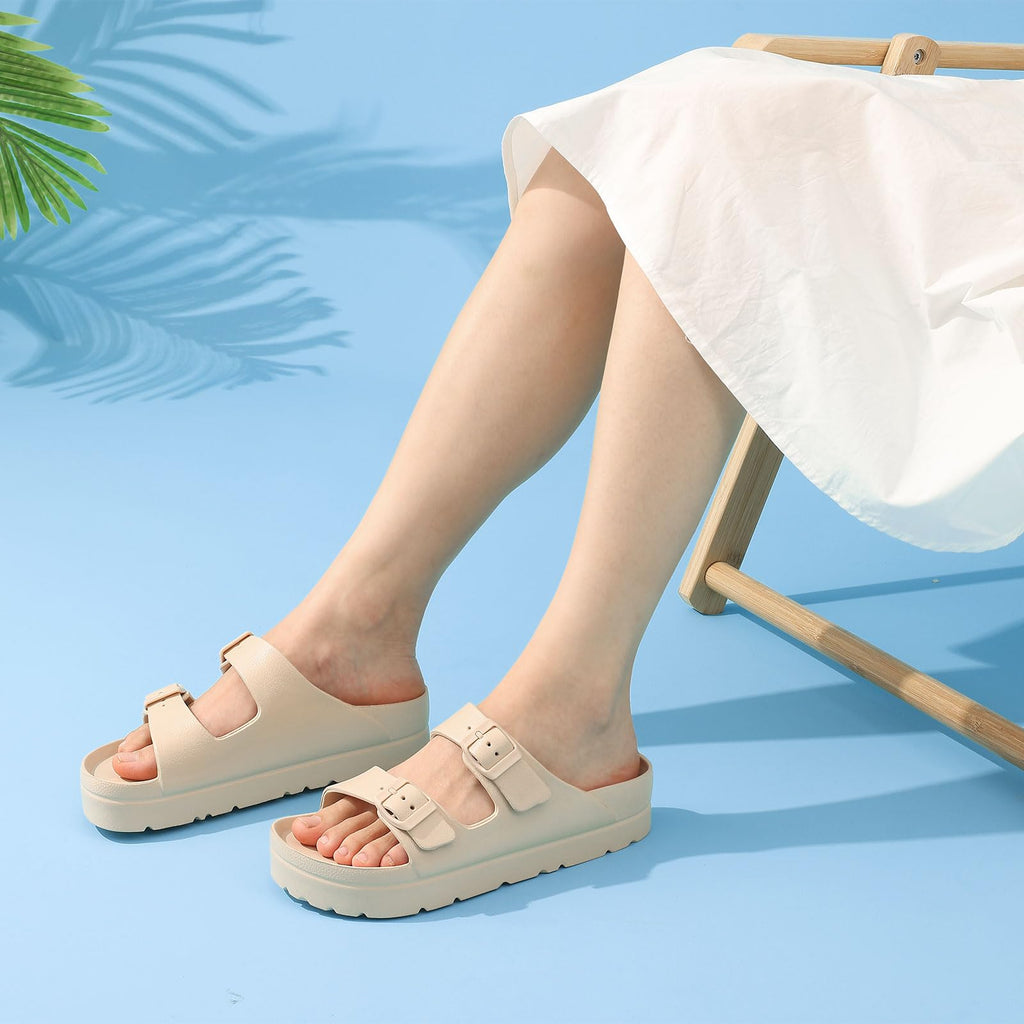 Goosecret Women's Platform Sandals with Arch Support Chunky Lightweight Foam Slip on Slides Comfortable Summer Beach Sandals with Adjustable Buckle Nude, 39(size 8-8.5)