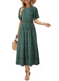 Dokotoo Spring Dresses for Women 2026 Womens Empire Waist Smocked A Line Midi Maxi Dress Polka Dot Flutter Short Sleeve Flowy Summer Casual Boho Dress Easter Green Large
