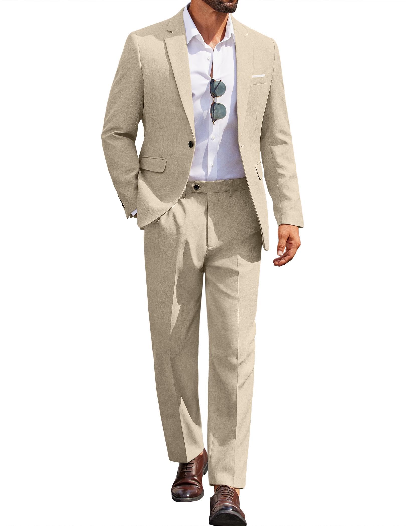 COOFANDY Mens Casual Suits 2 Piece Set One Button Dress Suits for Graduation Wedding Business, Light Khaki, Large