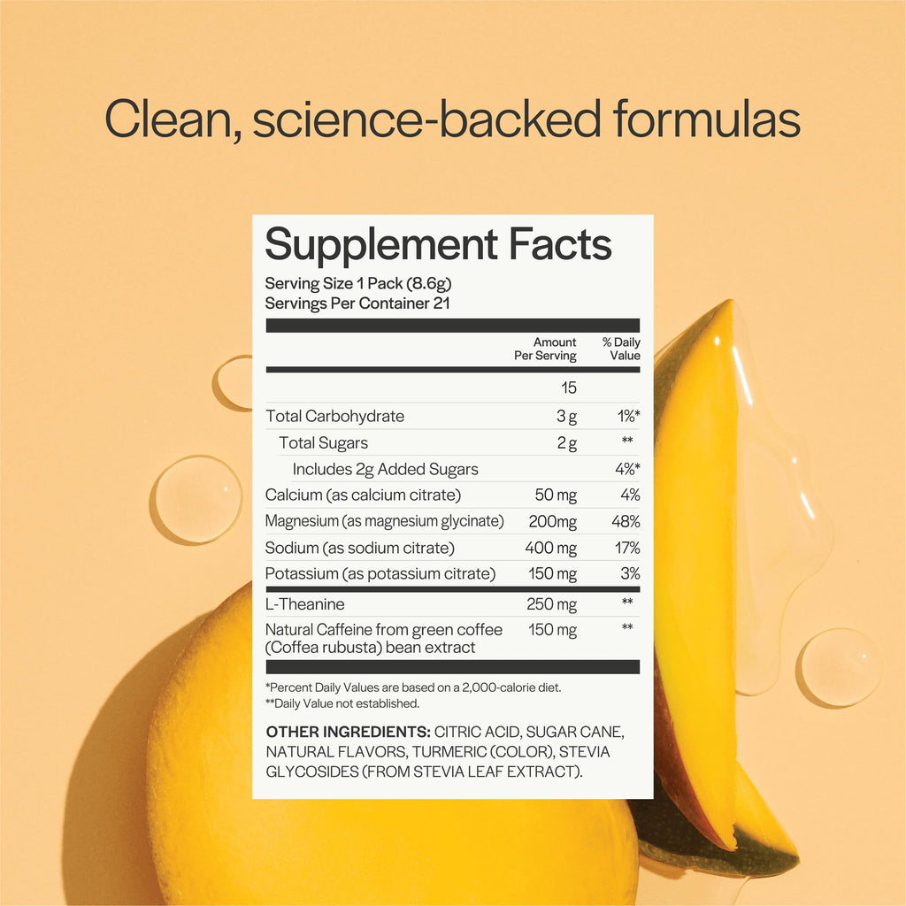 Gainful Hydration + Caffeine Powder Packets with Key Electrolytes Magnesium & Sodium + L Theanine, Low Sugar Drink Mix, Tropical Mango, 21 Sticks