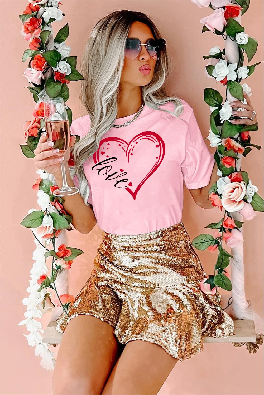 Womens Valentines Shirts Cute Love Heart Tshirts Funny Teen Girl's Valentine's Short Sleeve E-Pink