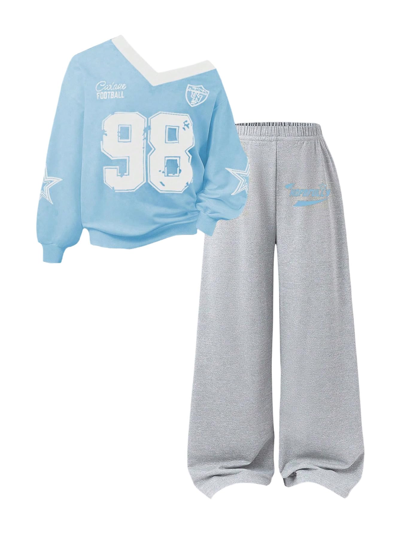 WDIRARA Girl's 2 Piece Jersey Shirt and Sweatpants Outfits Number Graphic Long Sleeve Sweatshirt Set Streetwear Tracksuit Blue 8Y