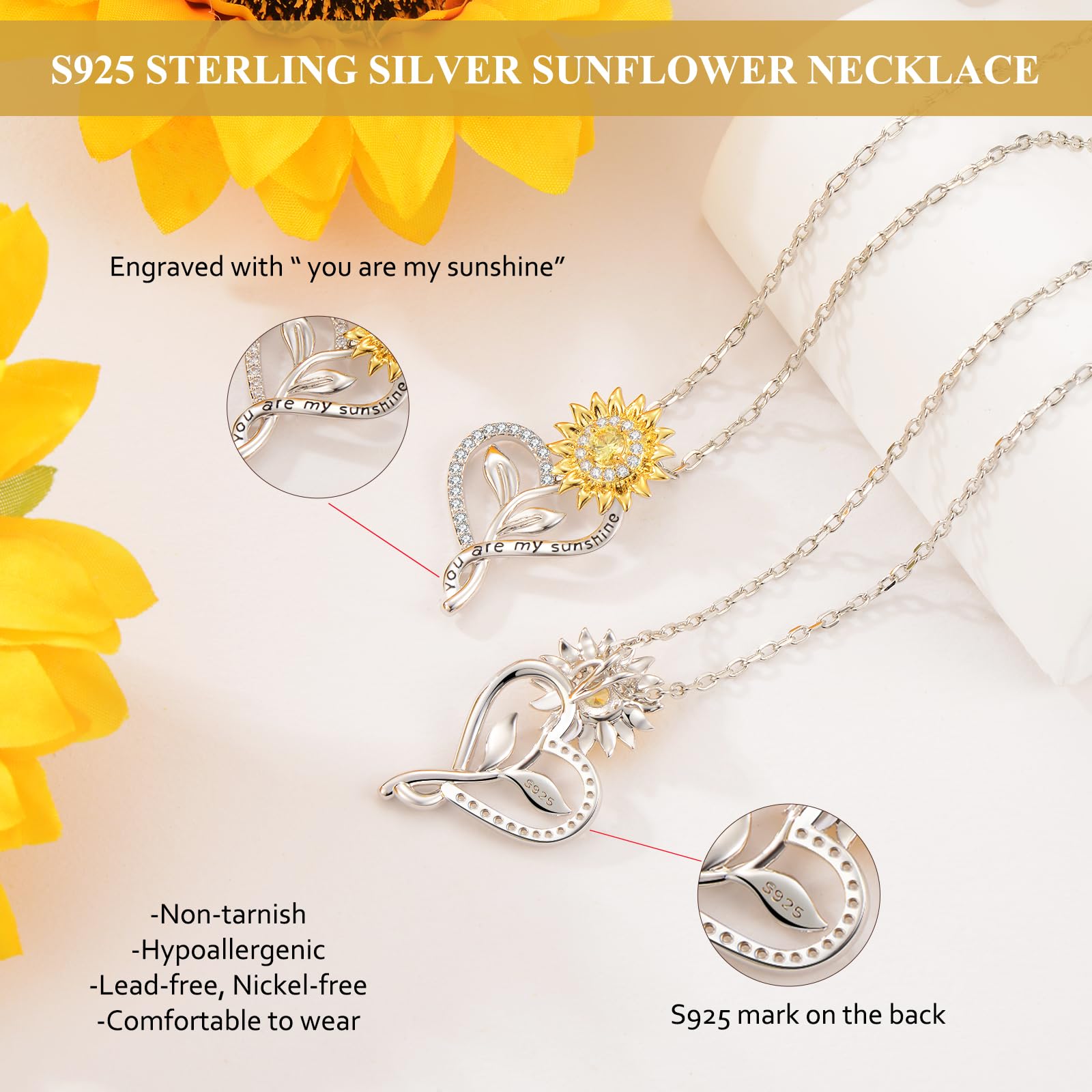 Meeshi Valentines Day Gifts for Her - 18k Gold Plated Sunflower Necklace for Women, Anniversary for Her Gifts Wife Birthday Gift Ideas, Womens Jewelry for Girlfriend With You Are My Sunshine Gift Card