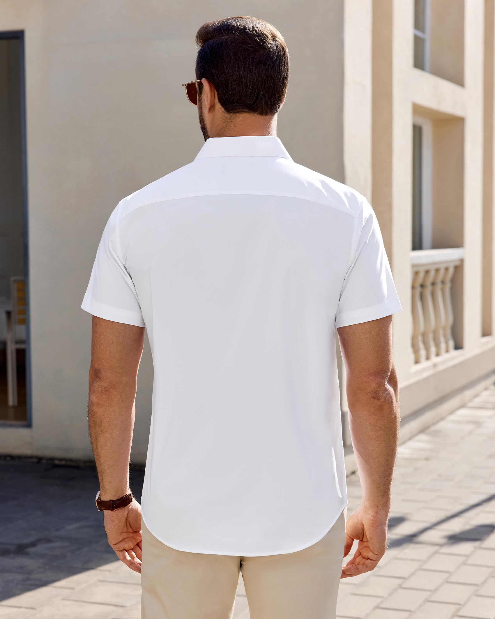 Lusead White Short Sleeve Dress Shirt Men Stretch Stain Shield Button Down Shirts Solid Wrinkle Free Formal Tops Office L