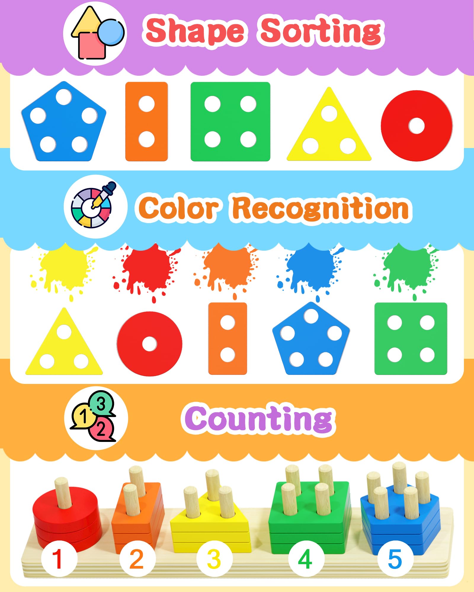 Tonberless Montessori Toys for 1 2 3 Year Old Boy Girl, Toys for Ages 2-4 Toddlers Kids Baby, 1 2 Year Old Birthday Gifts, Wooden Learning Puzzles Easter Basket Stuffers Toys for Toddlers 1-3