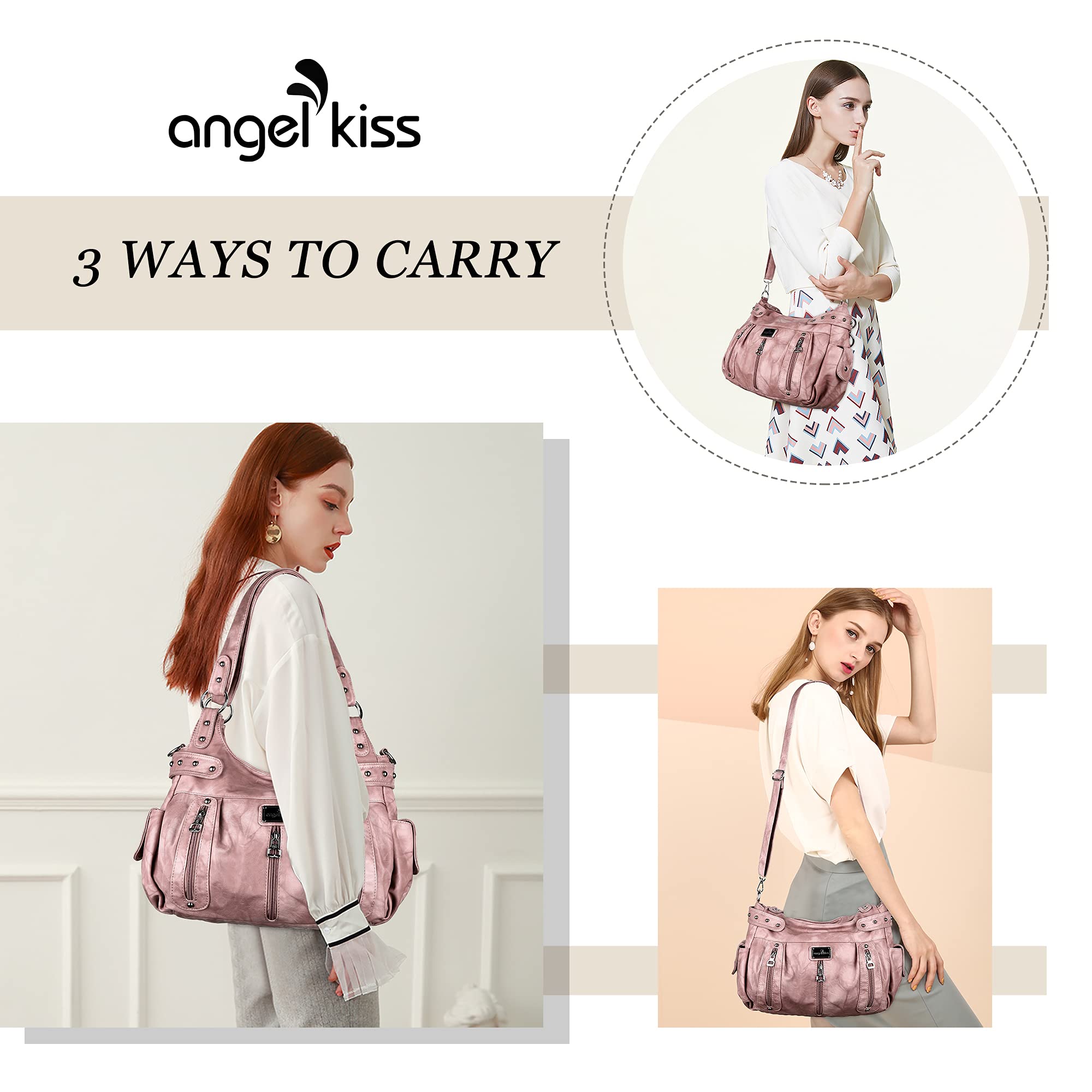 Angel Kiss Large Purses and Handbags for Women Washed Faux Leather Crossbody Hobo Satchel Shoulder Handbag Tote Purse-1Pink