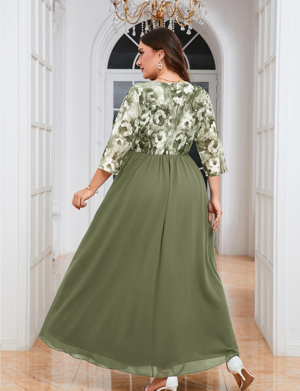 ZOMVA Plus Size Maxi Formal Dress Lace Chiffon Floral V-Neck Wrap Wedding Guest Evening Gown Cocktail Prom 3/4 Sleeves, Light Green Floral, 3X